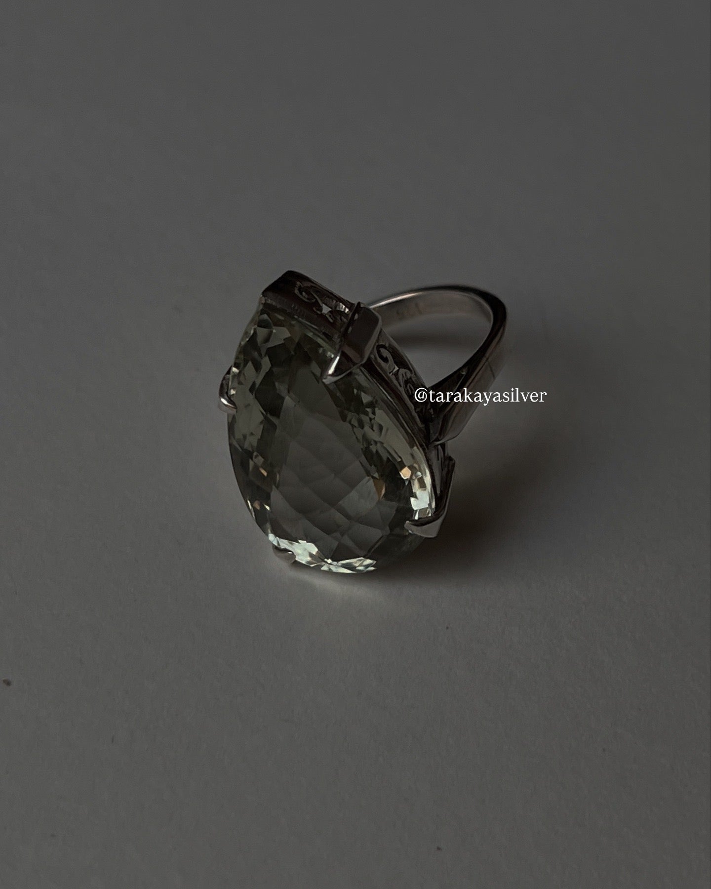 Large Pear Green Amethyst Ring in 925 Sterling Silver