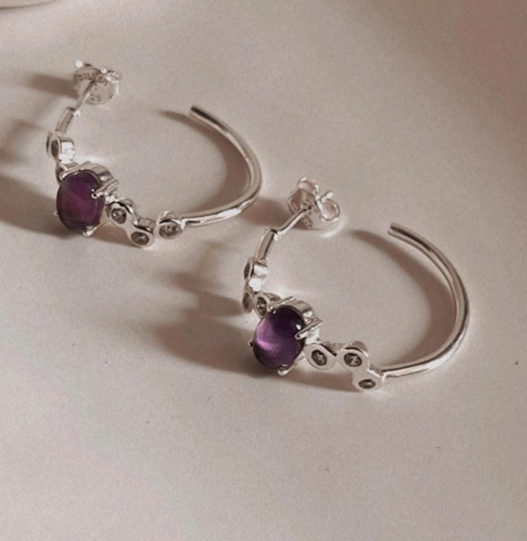 Handmade Amethyst CZ Half Hoop Earrings in Silver