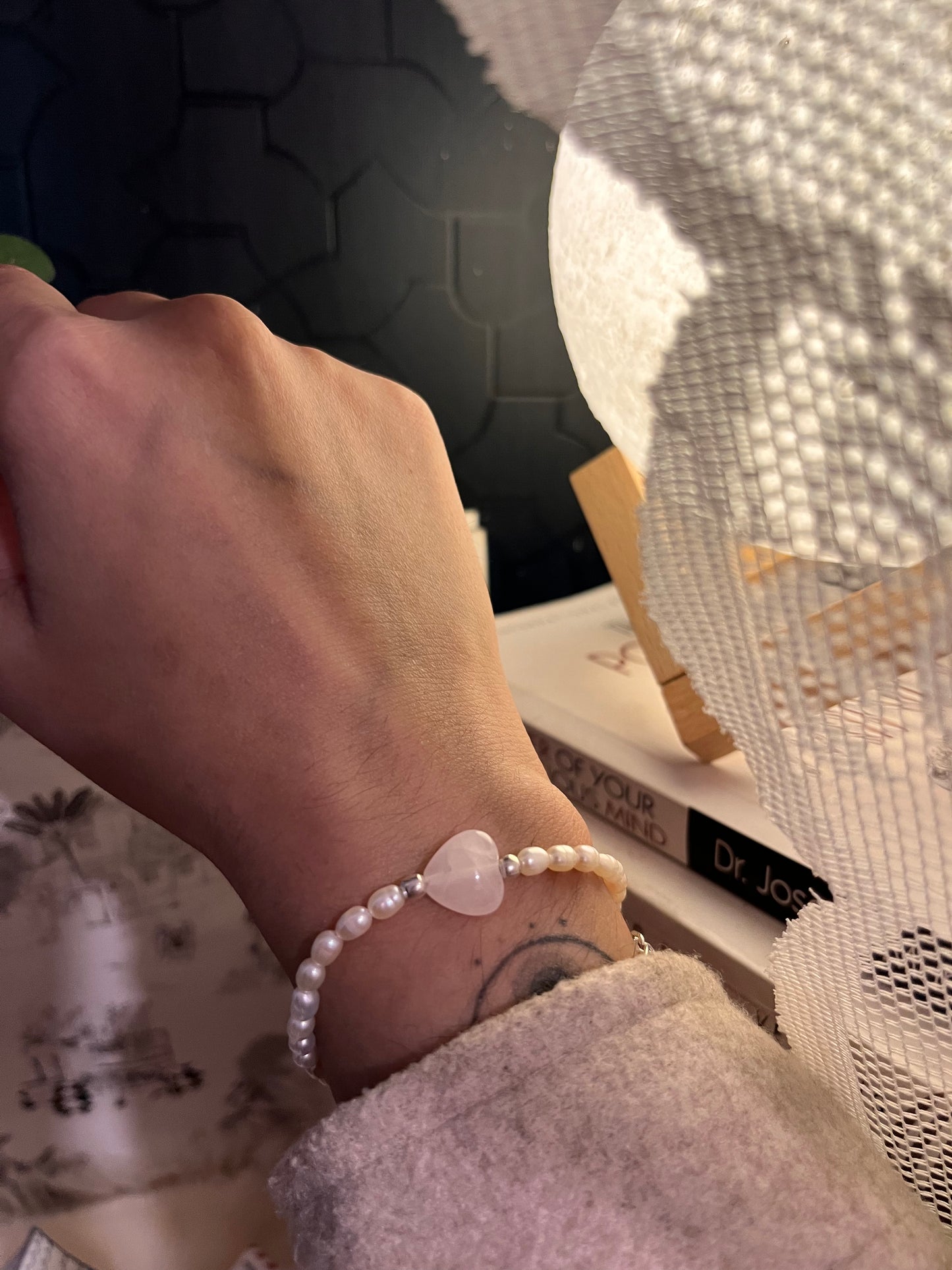 Silver Bracelet with Rose Quartz Heart and Pearls for Love and Healing