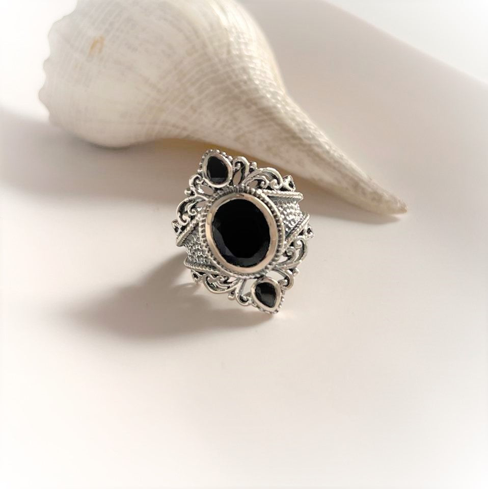 Black Onyx Victorian Statement Silver Ring