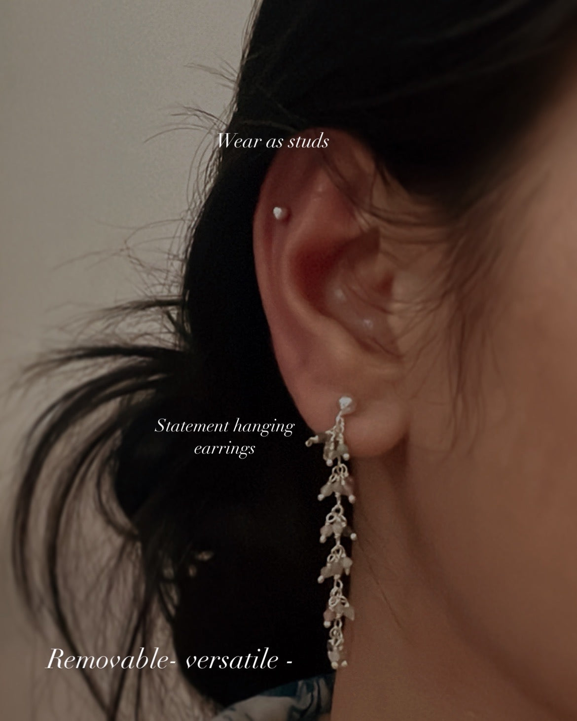 Sterling silver stud earrings with multi-tourmaline stones and chain connectors