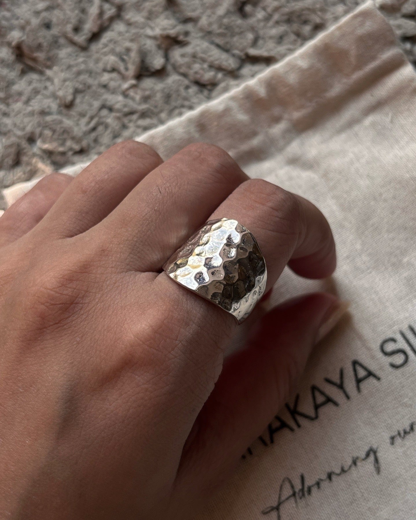 Elegant hammered chunky silver ring design