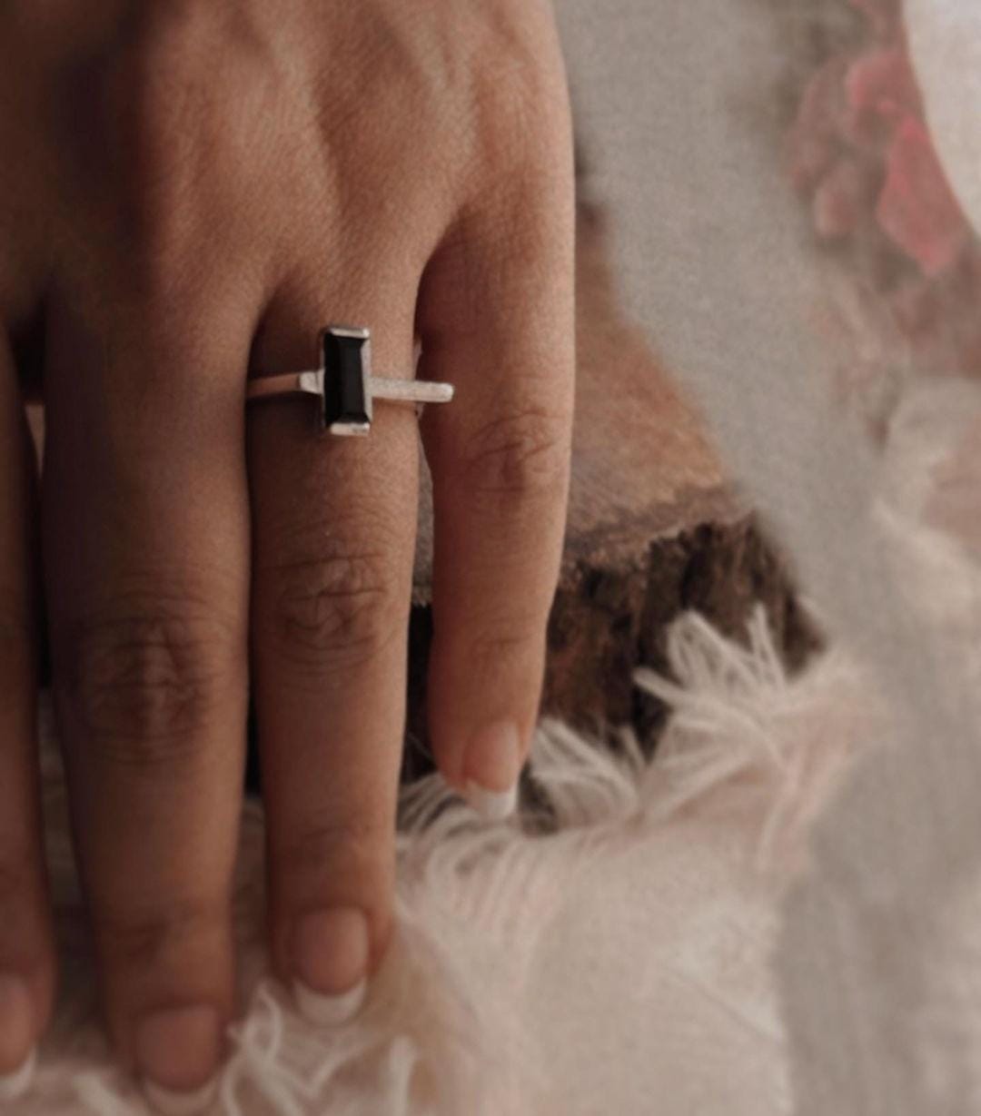 Modern Silver Ring with Black Onyx and Side Stones