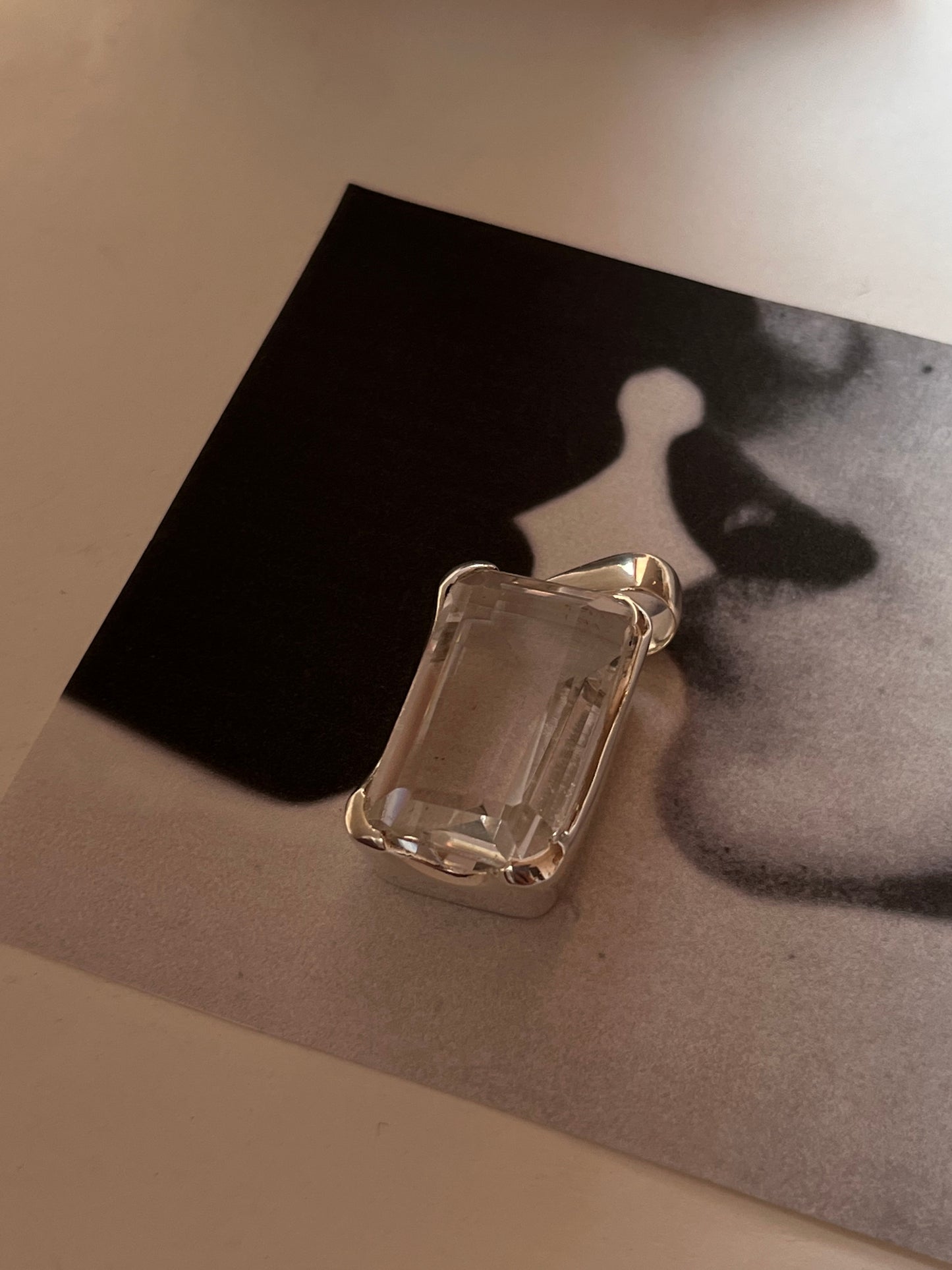 Large Clear Quartz Rectangular Silver Pendant Necklace