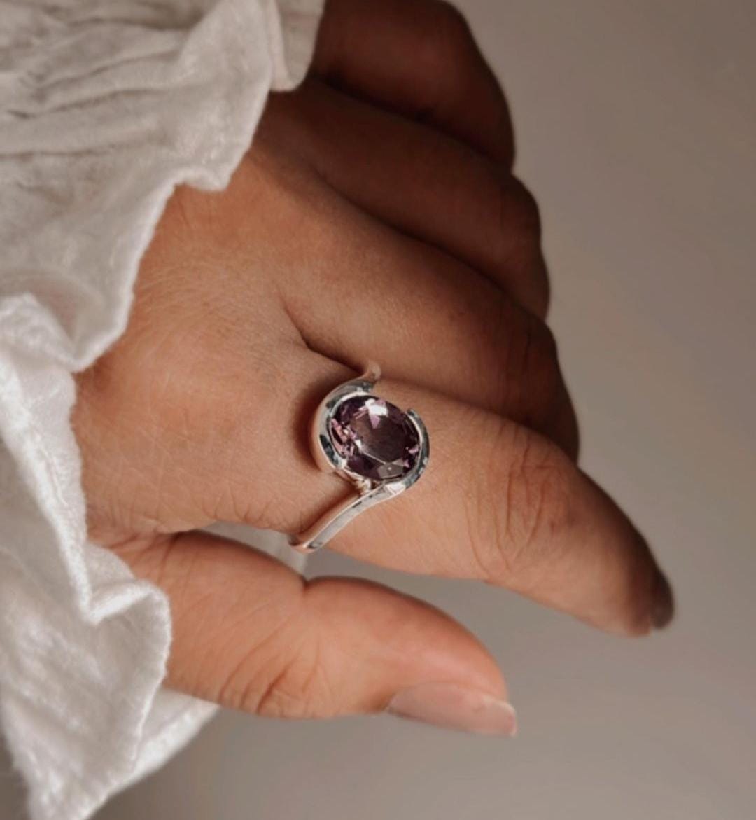 Faceted Amethyst Silver Ring with Cross Band Detail