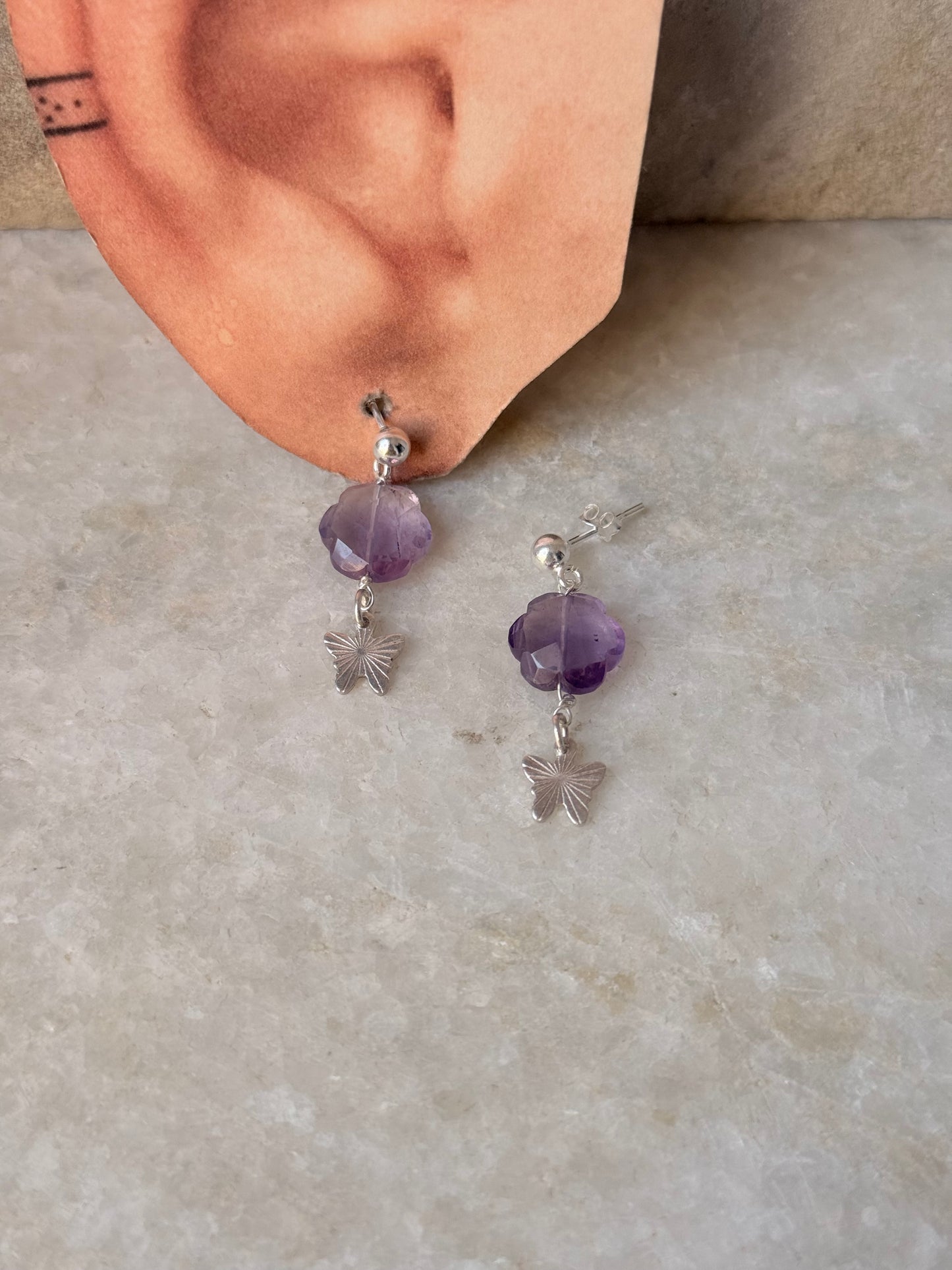 925 Sterling Silver Amethyst Floral Charm Butterfly Handcrafted Studs
