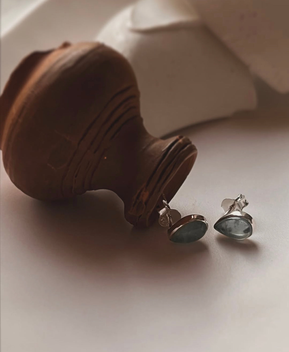 Aquamarine Pear Cab studs 925 Sterling Silver Earrings