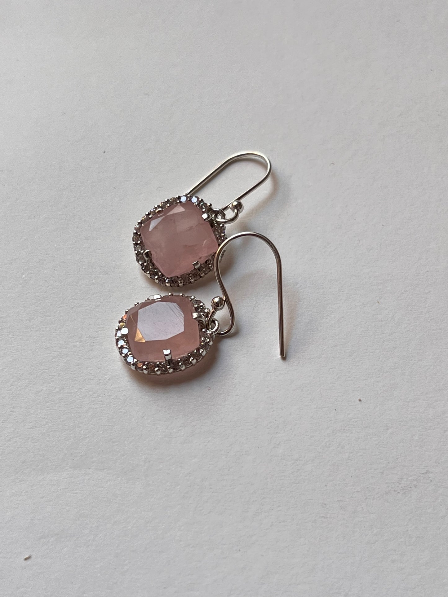 Rose Quartz Cushion Cut Halo Cz 925 Sterling Silver Earrings