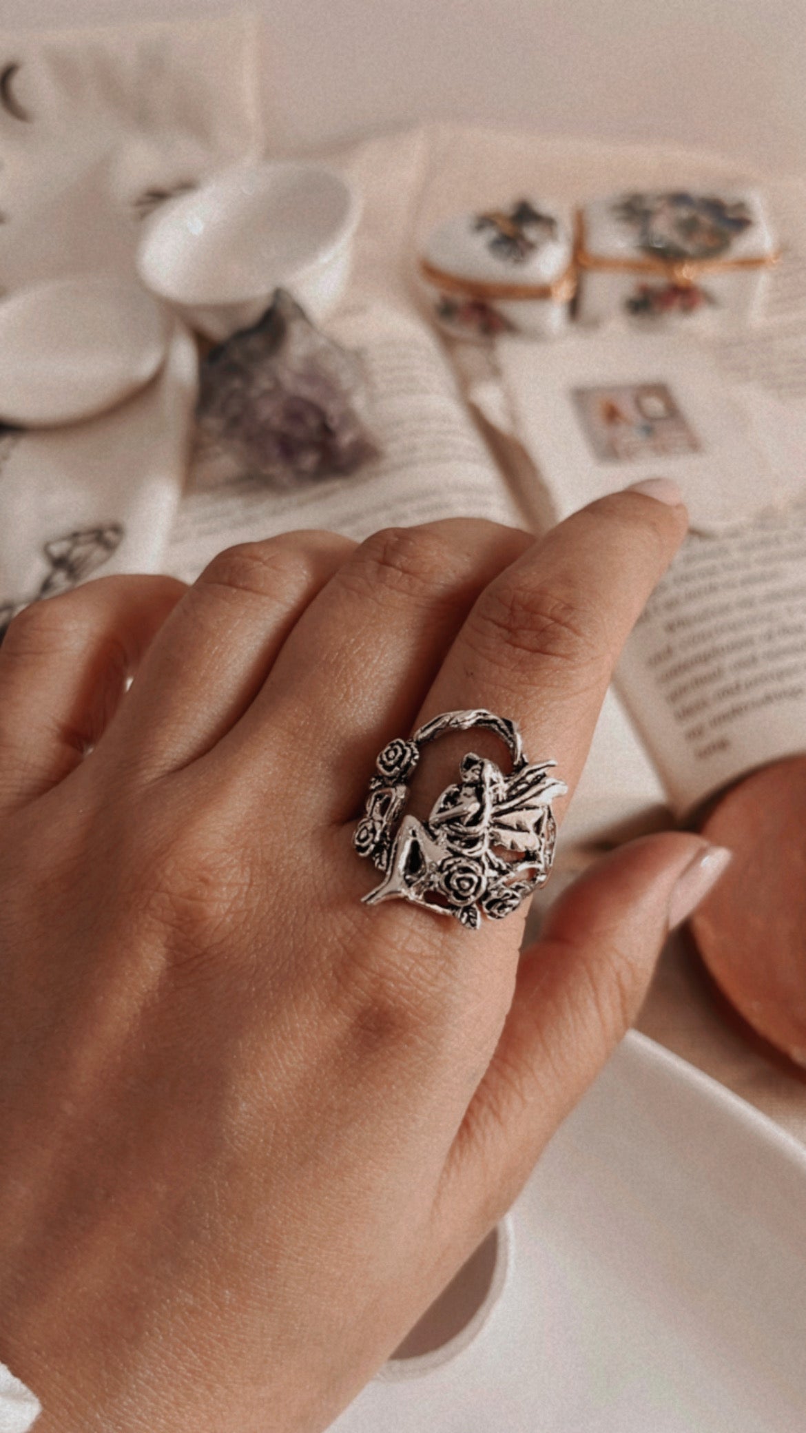 Magical fairy in forest silver ring with a whimsical and refined finish