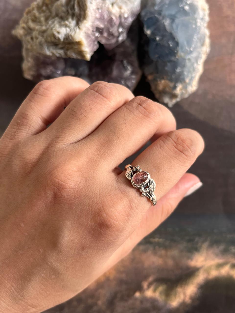 Pink Tourmaline Silver Ring with Forest Enchantment Design