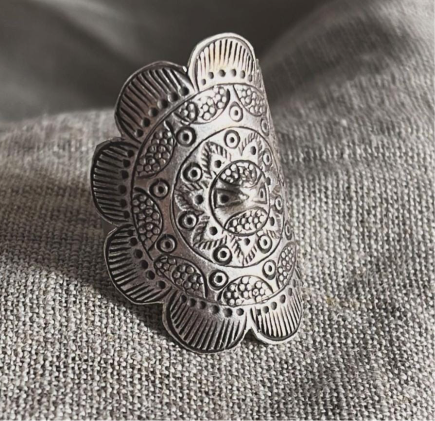 Trendy bohemian mandala design adjustable ring in sterling silver