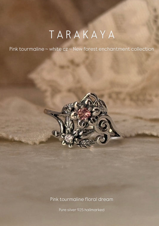 Pink Tourmaline & White Cz flower leaf / Floral Dream  925 Sterling Silver Ring