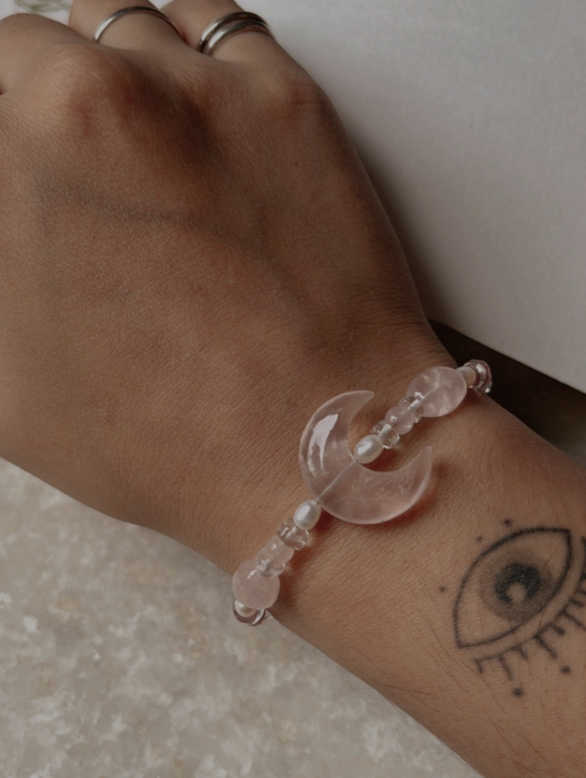 Moonlit Bloom ~Rose Quartz Crescent Moon, Clear Quartz & Pearl Crystal 925 Sterling Silver Bracelet