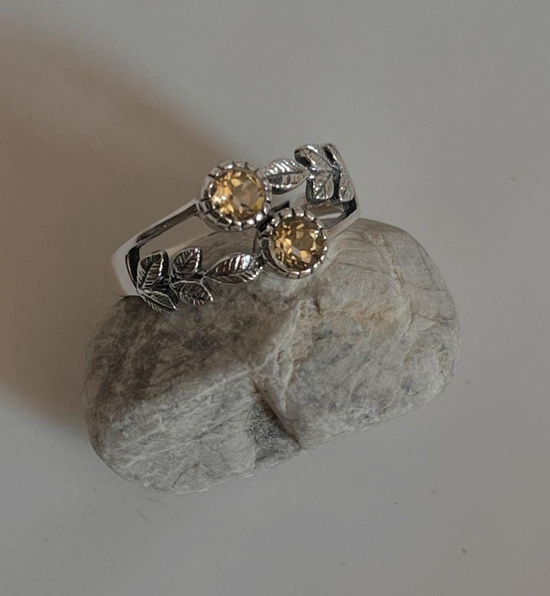 Citrine forest enchantment silver ring with delicate foliage and gemstone