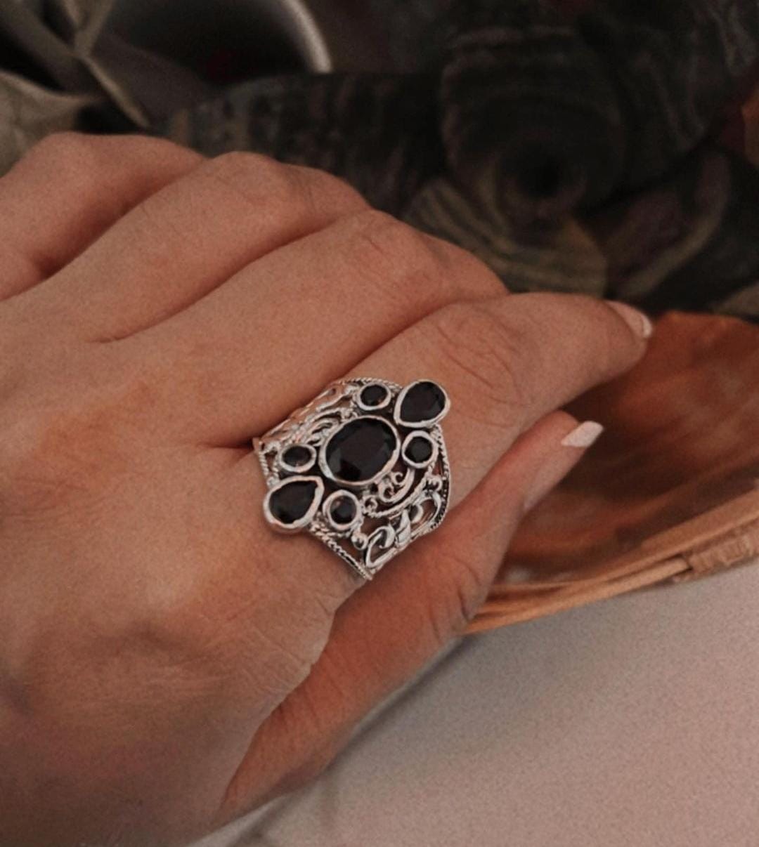 Chic Black Onyx Silver Ring with Vintage Filigree Details
