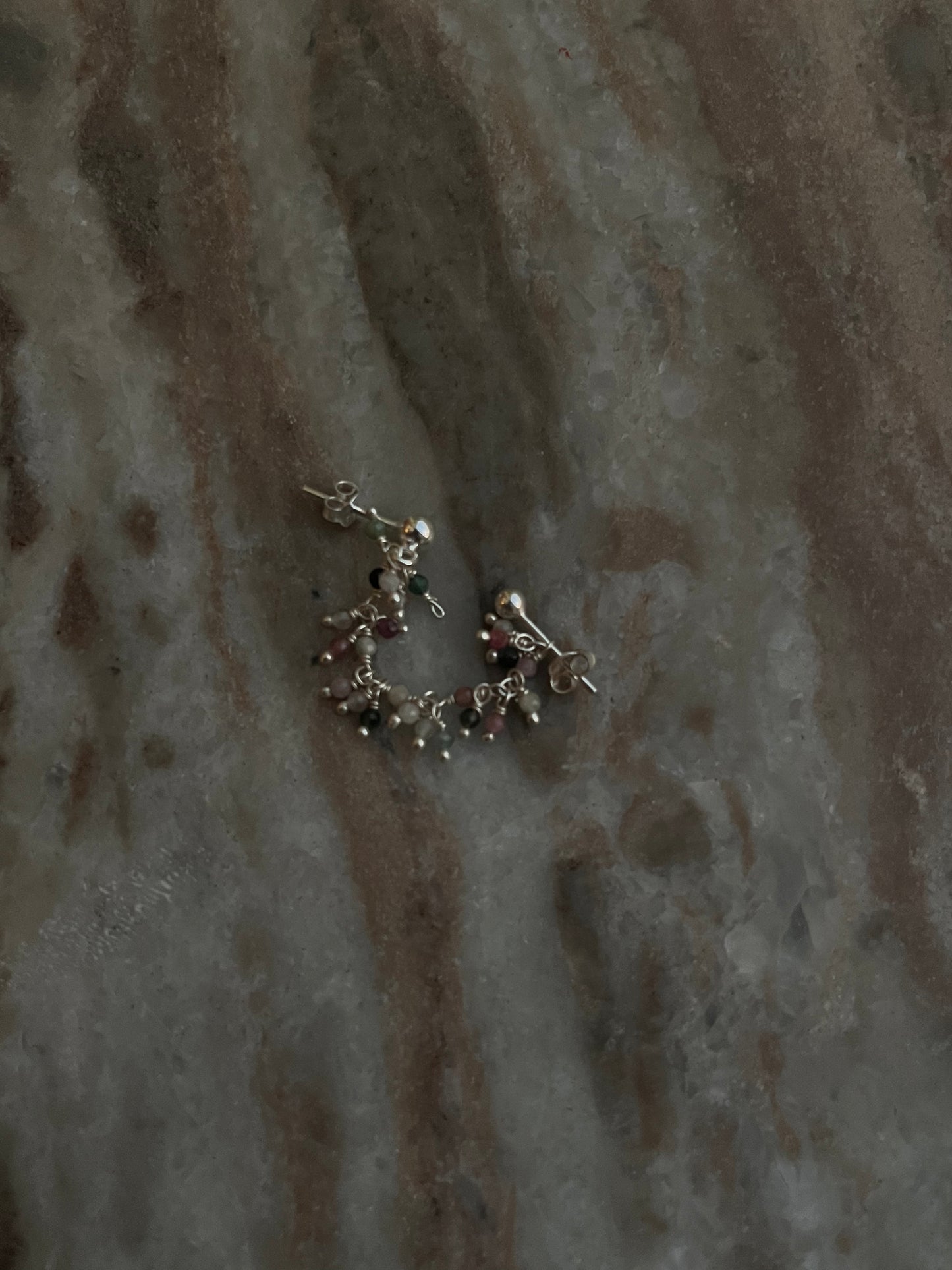 Dual chain connector stud earrings with multi-tourmaline gemstones