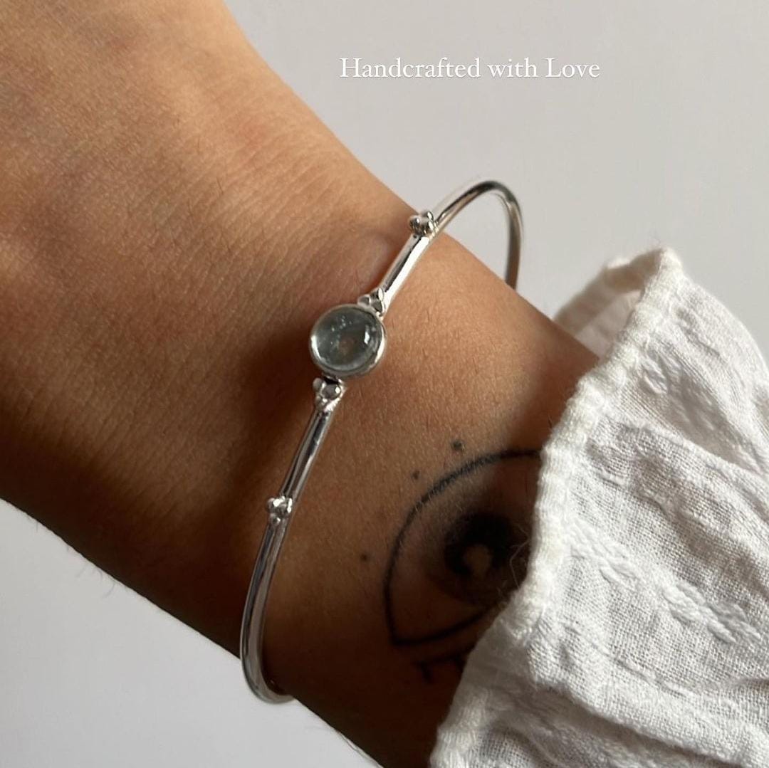Boho Rawa Silver Bangle with Aquamarine Stone