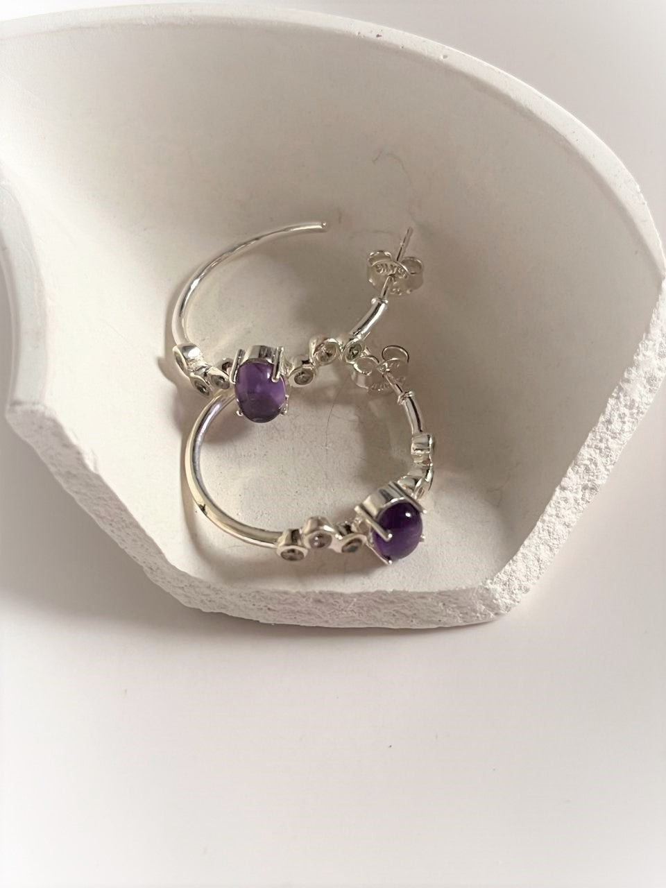 Stylish Amethyst CZ Silver Half Hoops for Everyday Wear
