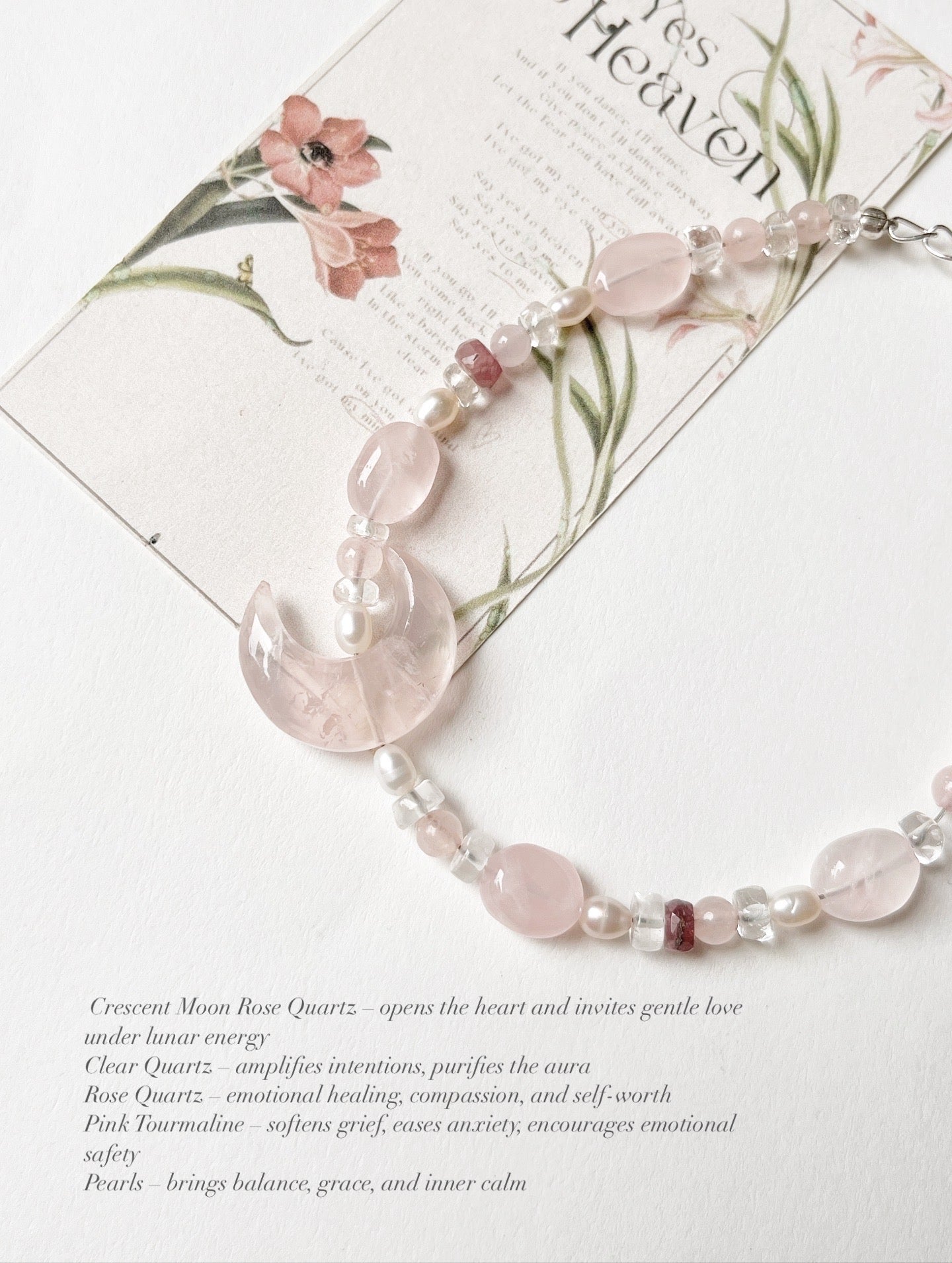 Moonlit Bloom ~Rose Quartz Crescent Moon, Clear Quartz & Pearl Crystal 925 Sterling Silver Bracelet