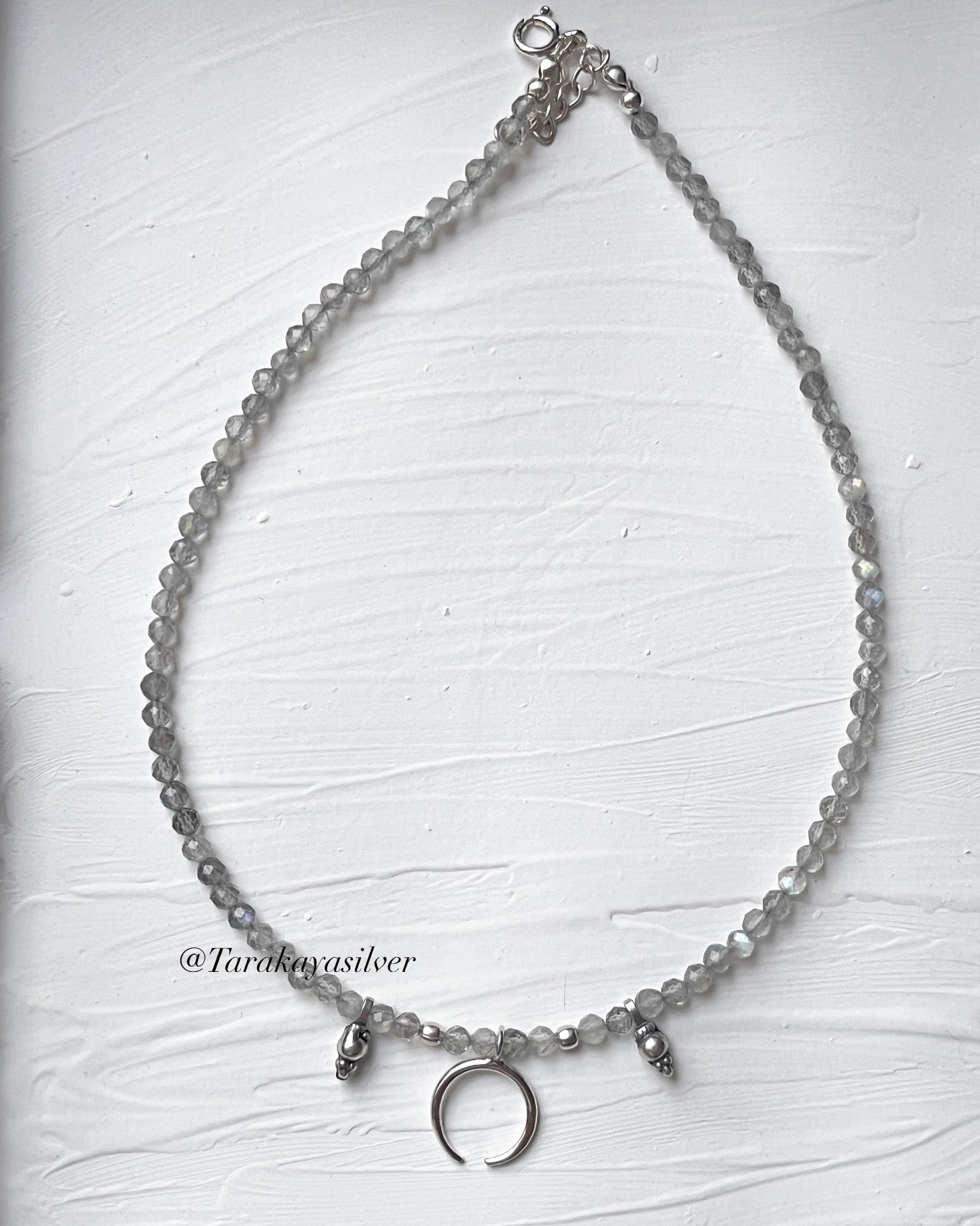 Labradorite 3-4mm Faceted Natural Crystal with Crescent Moon 925 Sterling Silver Boho Necklace