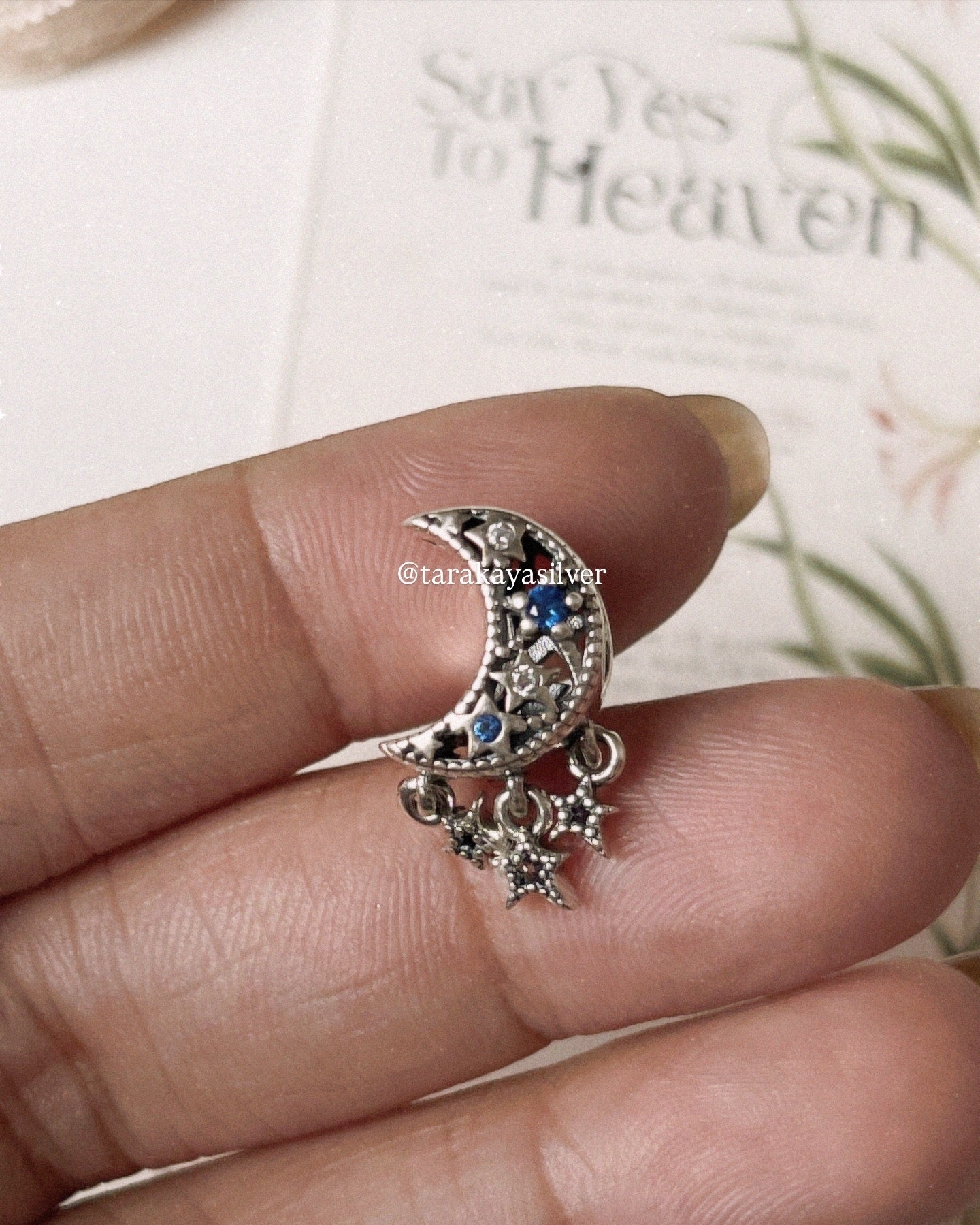 Dreamcatcher charm with crescent moon and stars in 925 silver