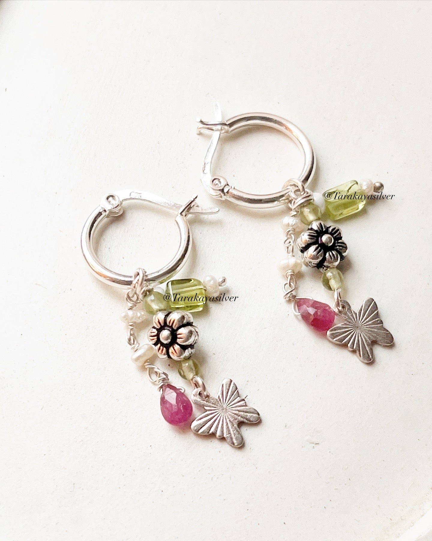 Whimsical floral garden hoop earrings with removable gemstone charms