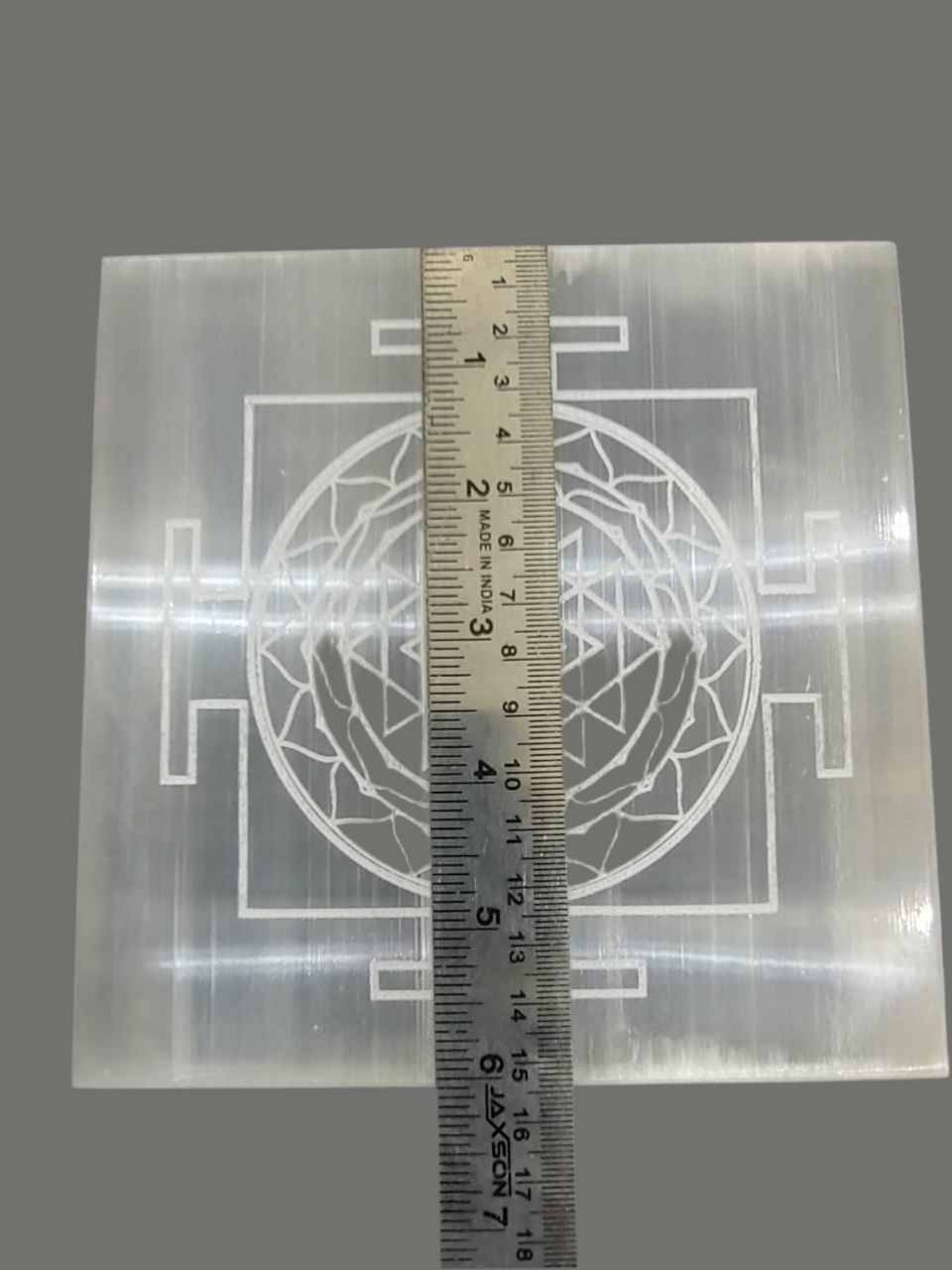 Large square selenite plate with Shree Yantra engraving