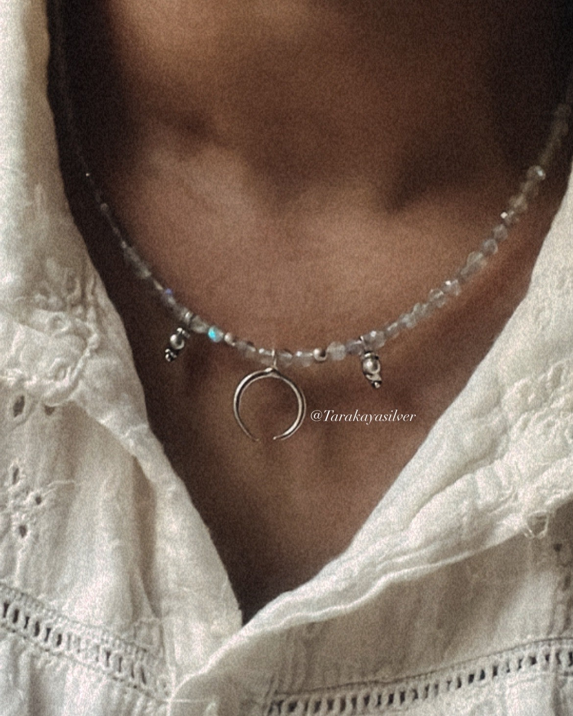 Labradorite 3-4mm Faceted Natural Crystal with Crescent Moon 925 Sterling Silver Boho Necklace