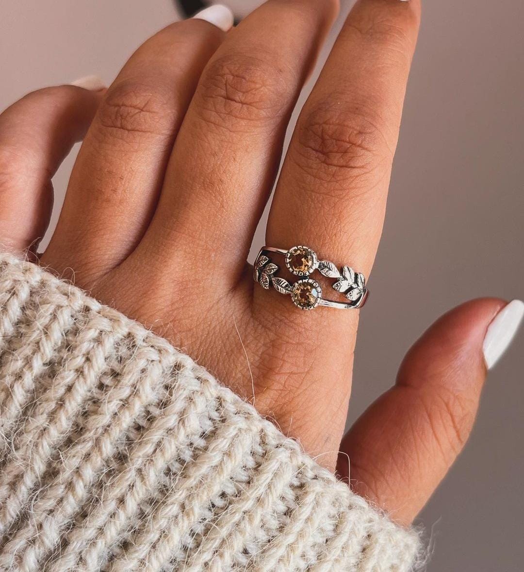 Nature-inspired citrine silver ring with forest enchantment detailing