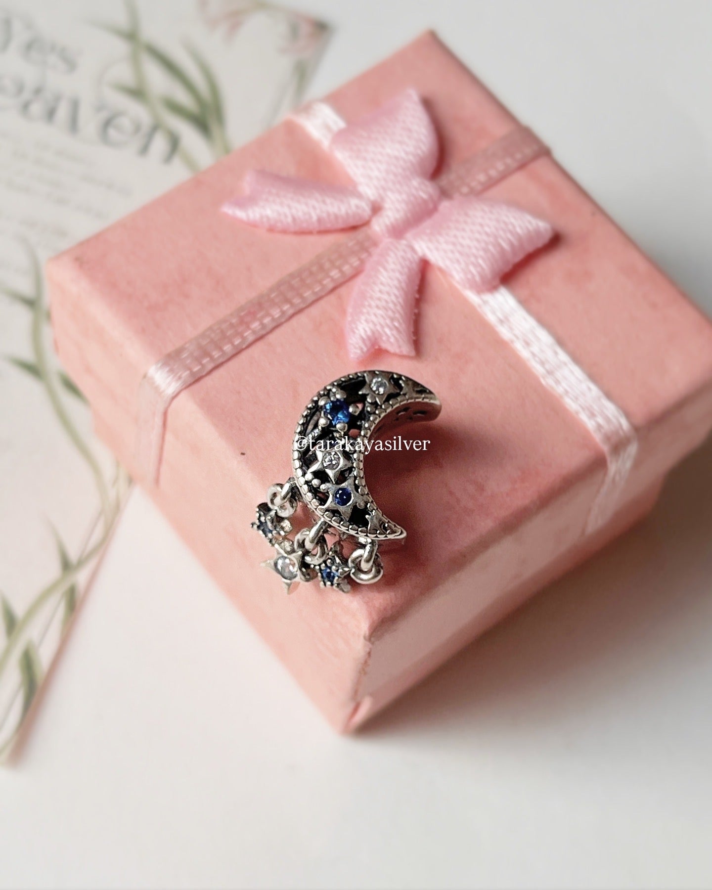 Pandora-style 925 silver charm with crescent moon, stars, and dreamcatcher