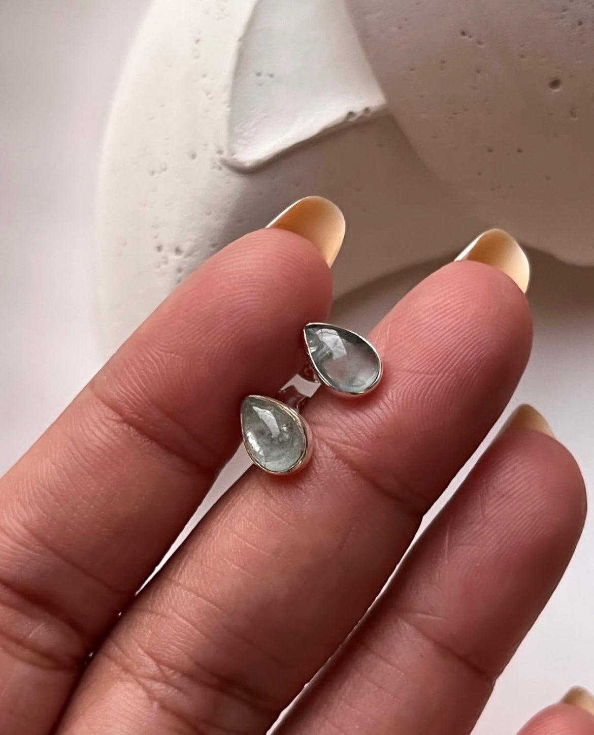 Aquamarine Pear Cab studs 925 Sterling Silver Earrings