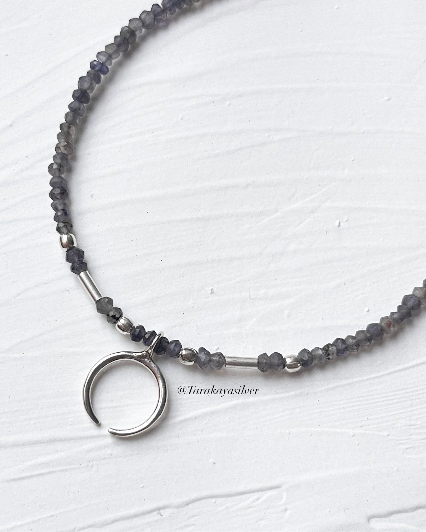 Iolite 3mm Faceted Natural Crystal with Crescent Moon 925 Sterling Silver Boho Necklace