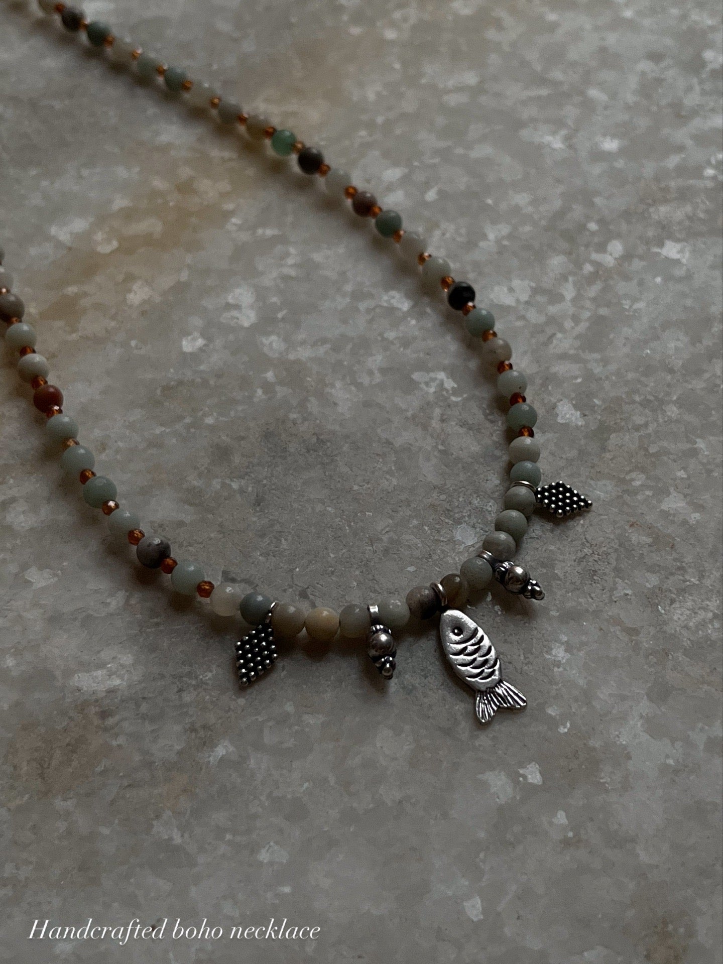 Matsya / Fish Amazonite & Hessonite Boho Choker Handcrafted Sterling Silver 925 Necklace