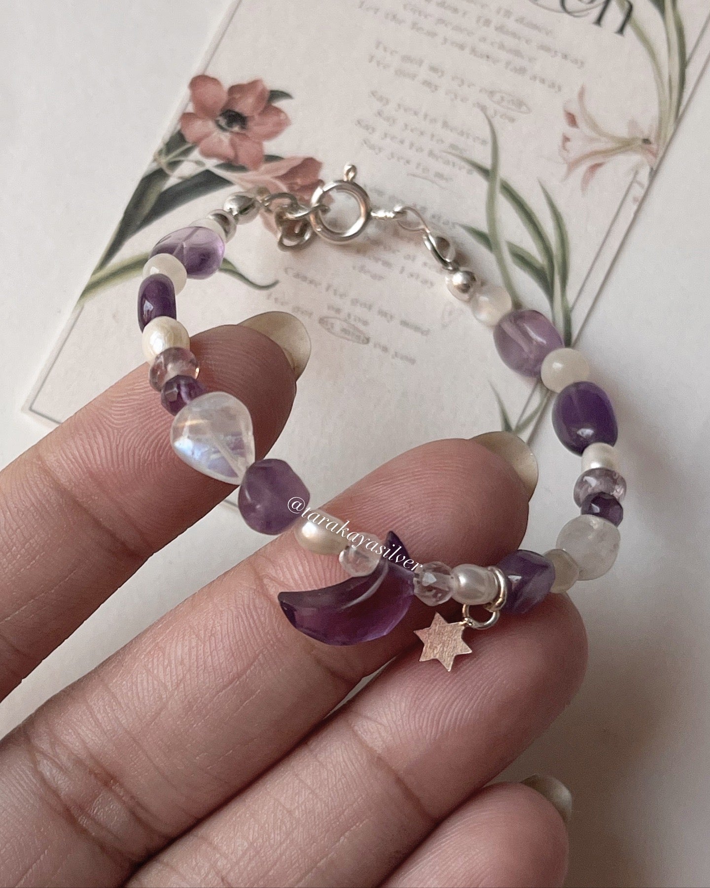 Moon and star crystal charm bracelet with amethyst and silver