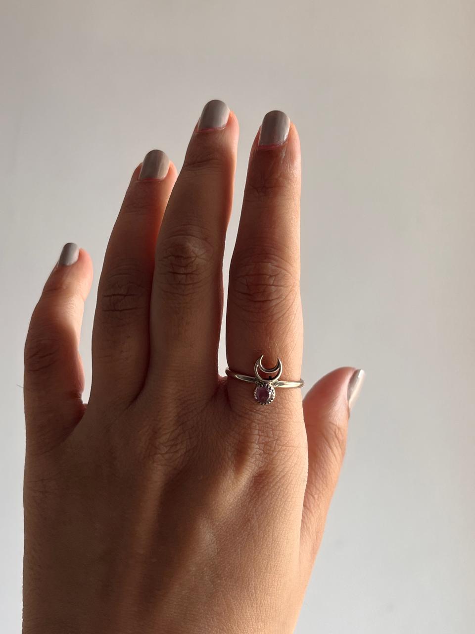 Amethyst Crescent Moon Ring in Silver for Inner Peace