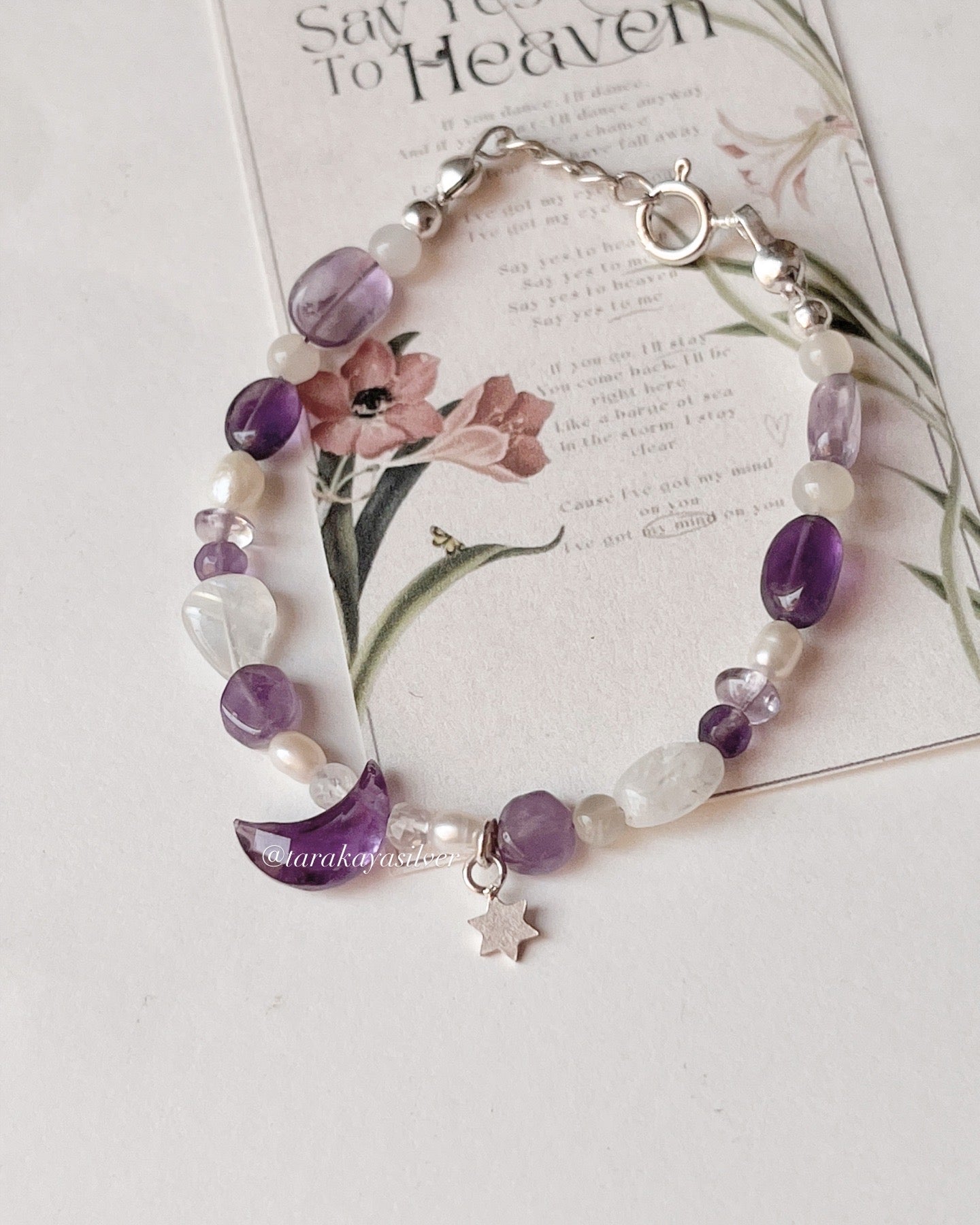 925 silver celestial bracelet featuring amethyst moon and star charms