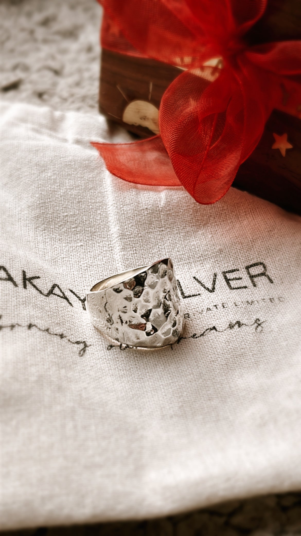 Sterling silver chunky ring with hammered detailing