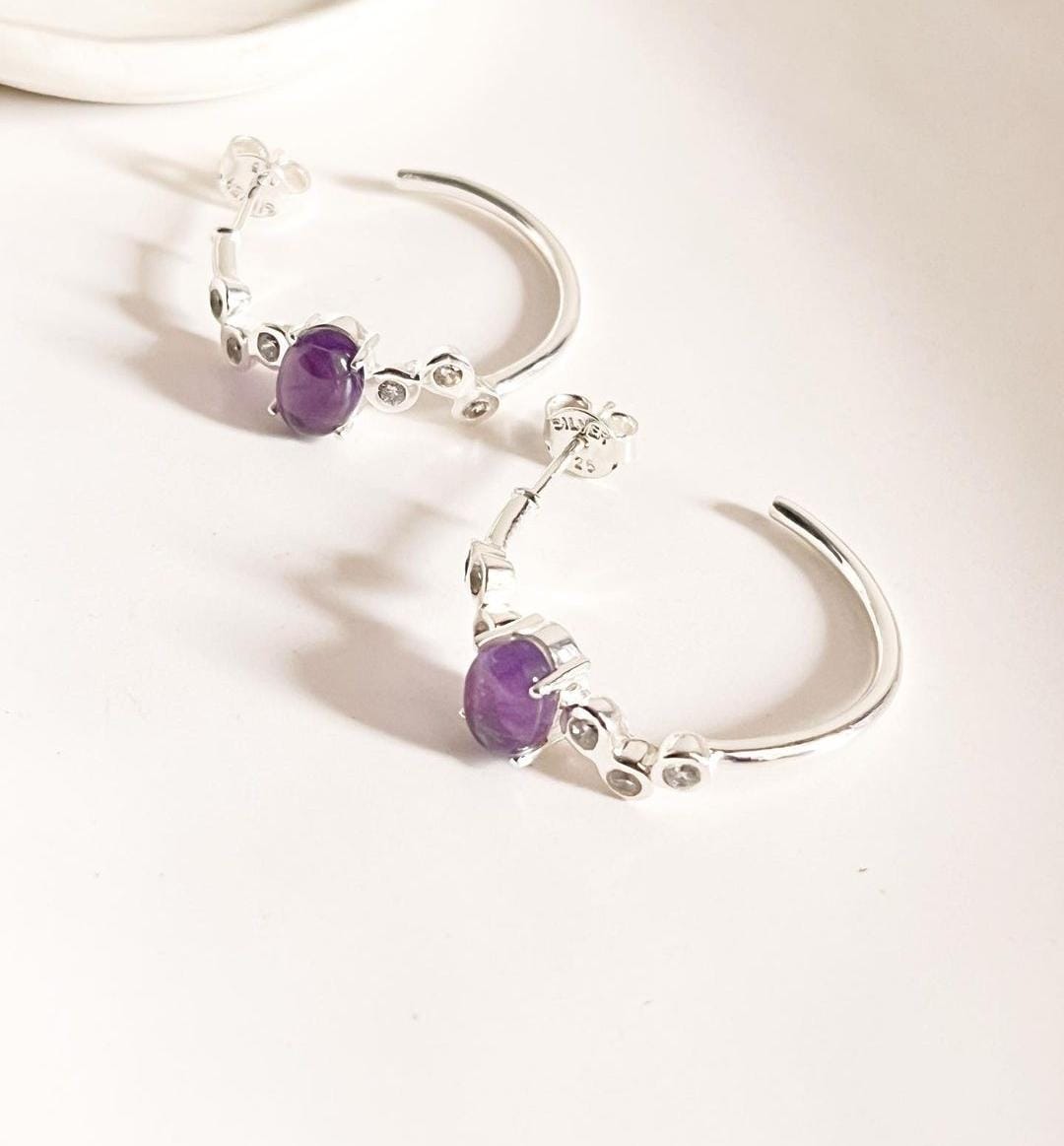 Silver Half Hoop Earrings with Amethyst CZ Stones