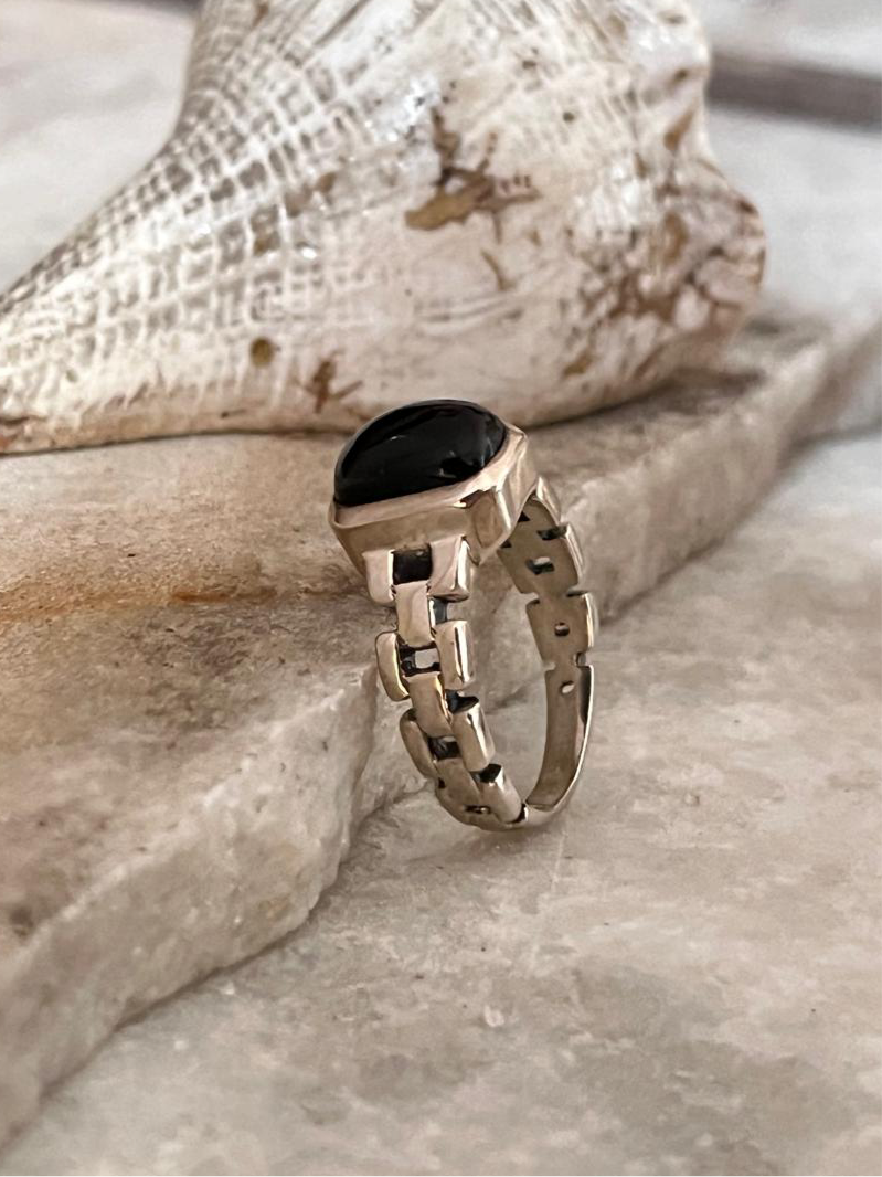 Black Onyx Cuban Link Band 925 Sterling Silver Ring