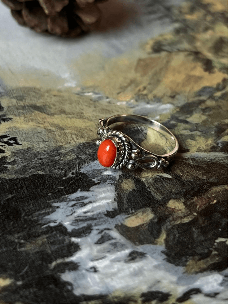 Coral Boho Oval Ring in handmade silver design