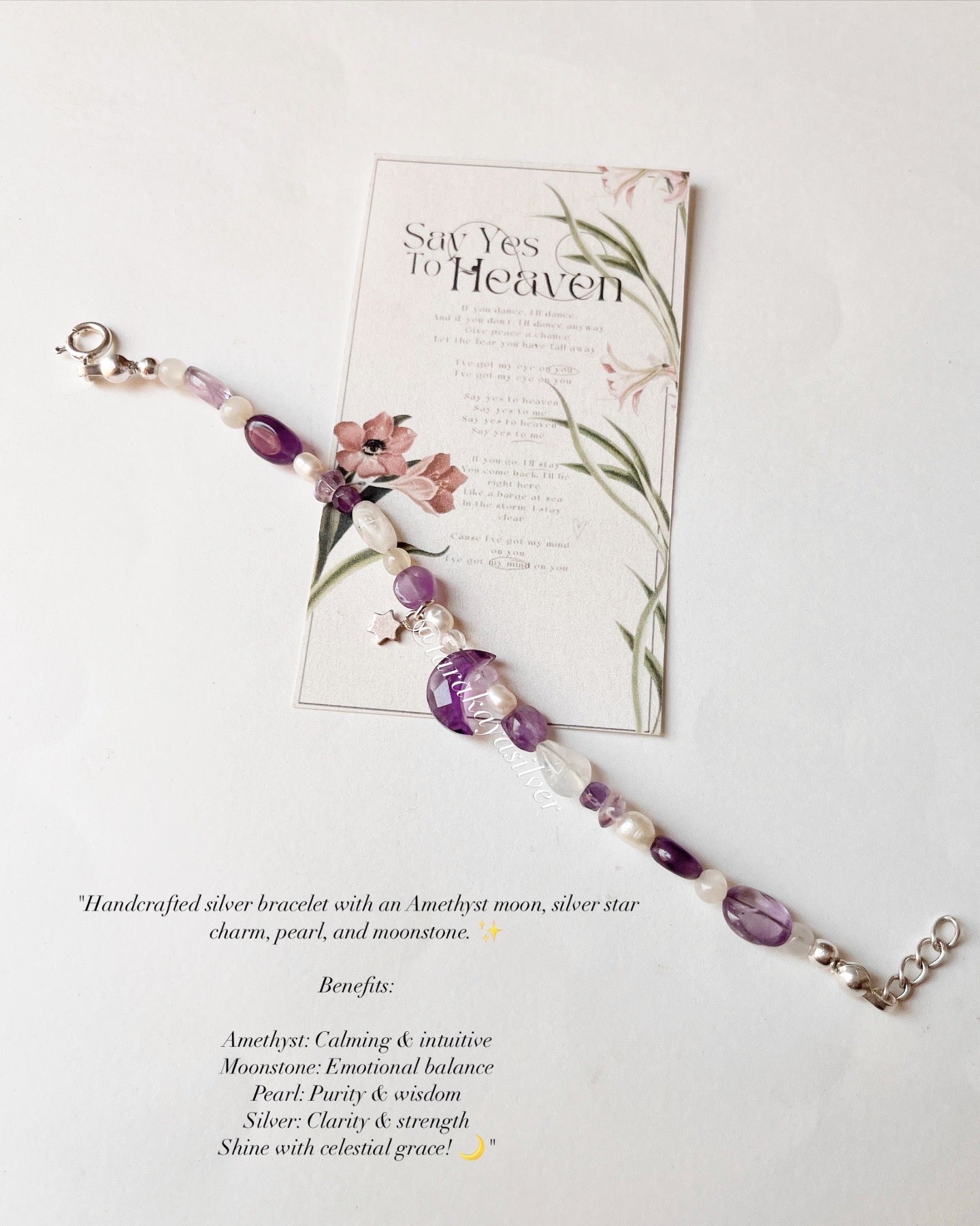 Handcrafted lunar bracelet with amethyst star and moon in 925 silver