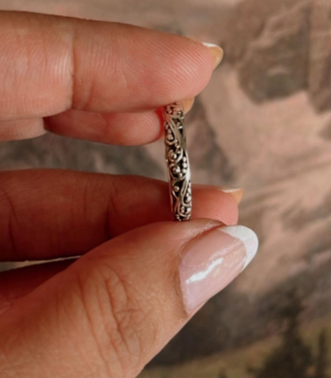 Thin Silver Band Ring with Intricate Vintage Motif