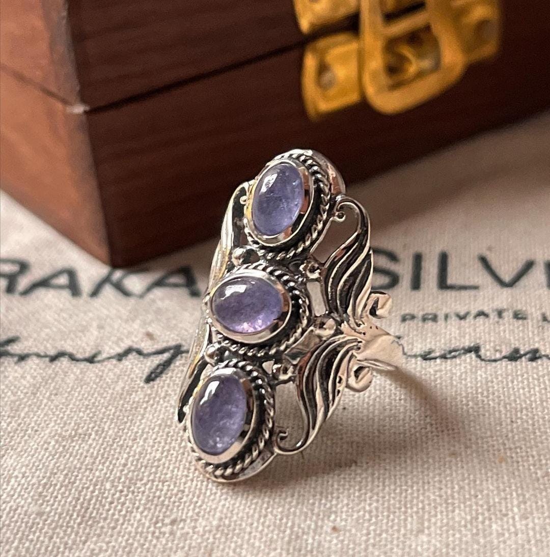 Unique tanzanite 3 stone silver ring for bold style