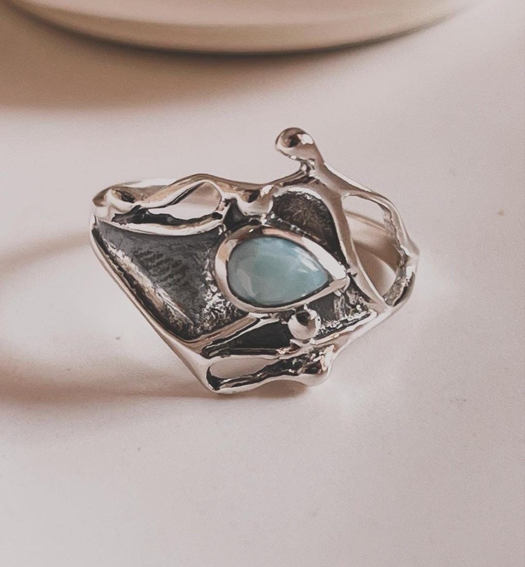 Larimar Gemstone Molten Drip 925 Silver Ring for Timeless Fashion