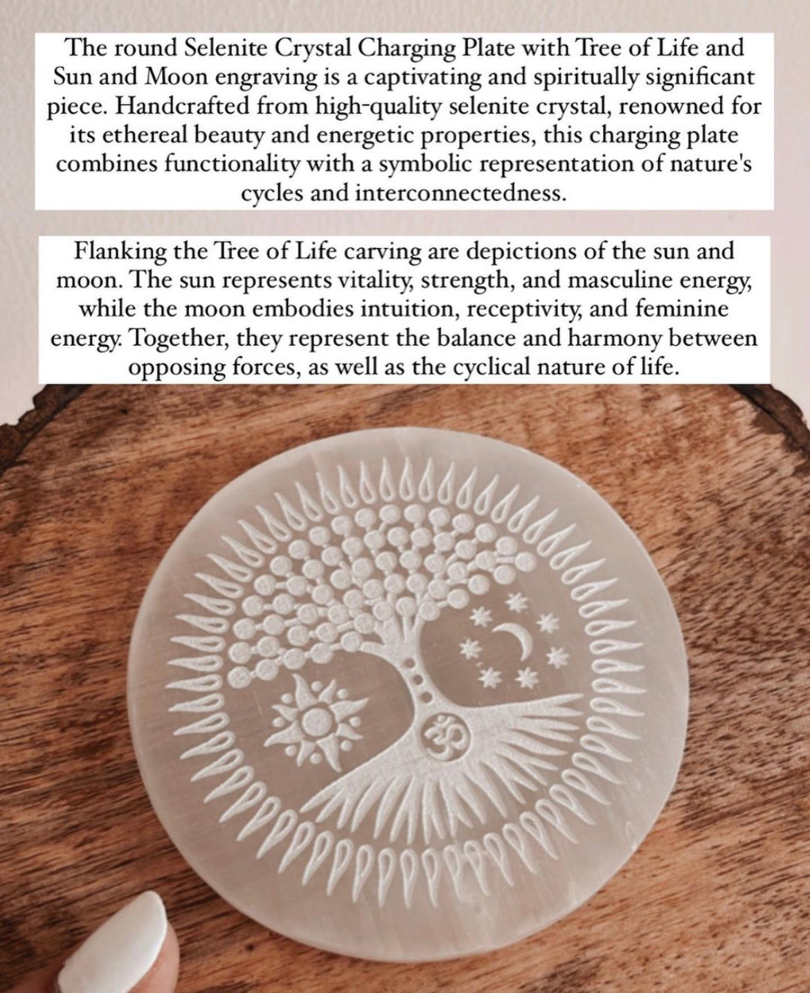 Sacred selenite charging plate featuring Tree of Life, Om/Aum, and celestial symbols