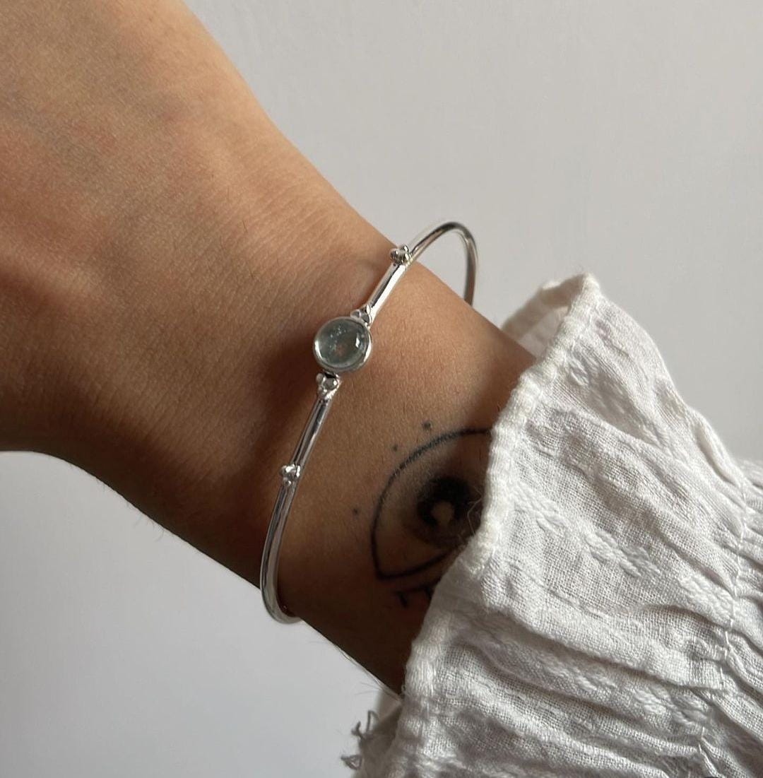 Boho Silver Bangle with Aquamarine Gemstone