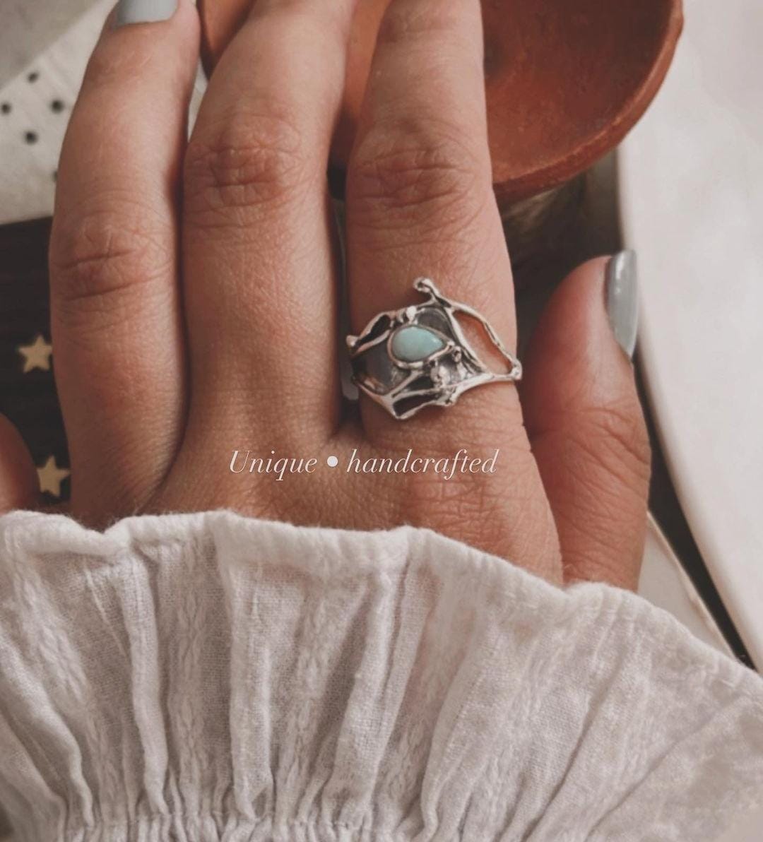Unique Larimar Molten Drip Silver Ring with Oceanic Vibes