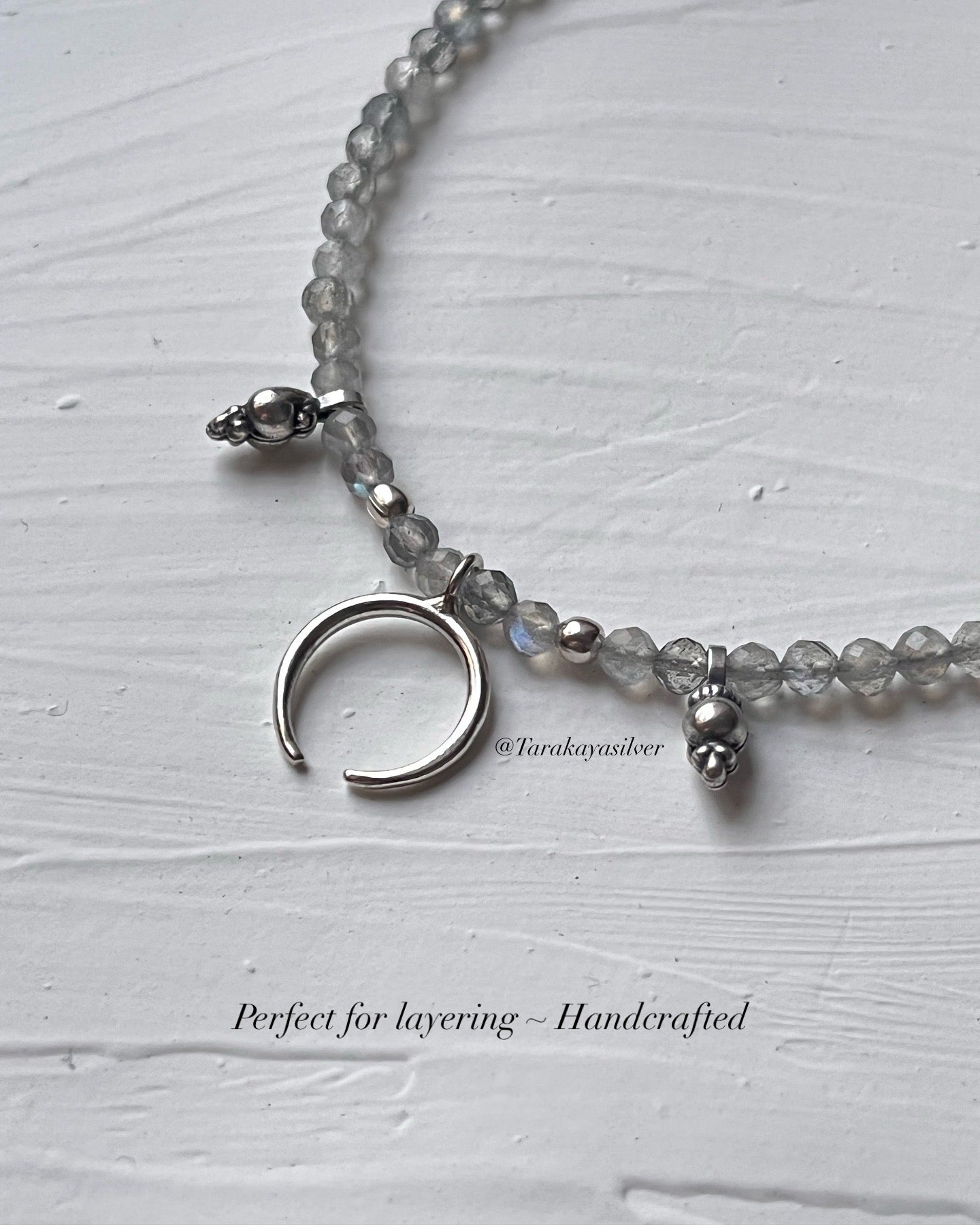 Labradorite 3-4mm Faceted Natural Crystal with Crescent Moon 925 Sterling Silver Boho Necklace