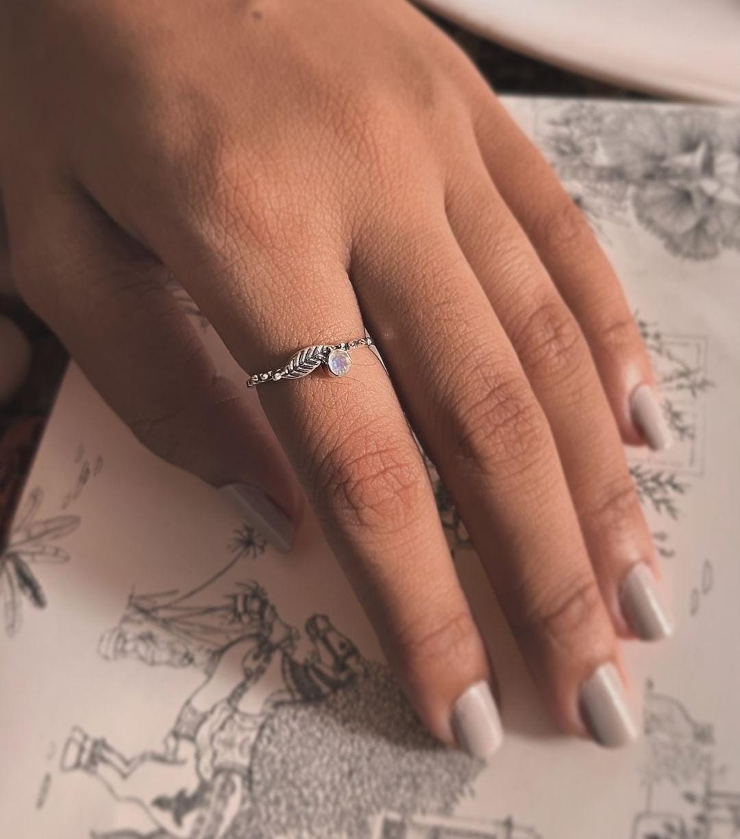 Delicate Moonstone Forest Silver Ring