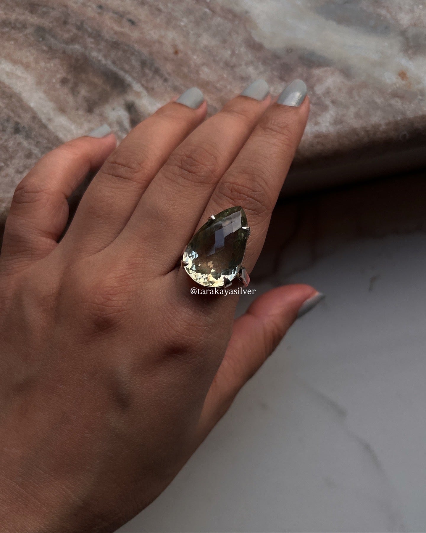 925 Silver Ring with Green Amethyst Pear Cut Gemstone